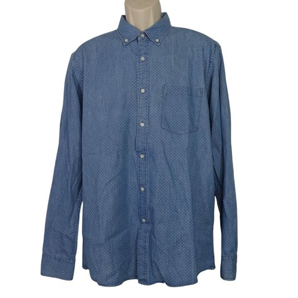 Uniqlo Blue Polka Dot Long Sleeve Button Down Collared Shirt Men Size L Chambray - Picture 1 of 12